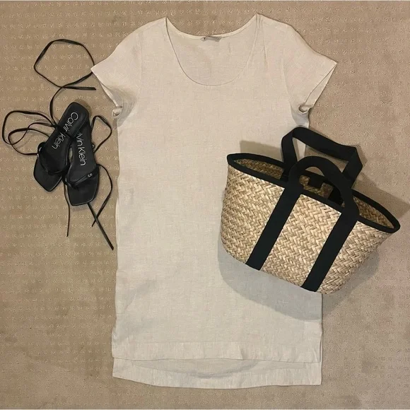 **SOLD**Soft Surroundings, 100% Linen, Relaxed Fit, Short Sleeve Dress, Beige - Picture 1 of 10